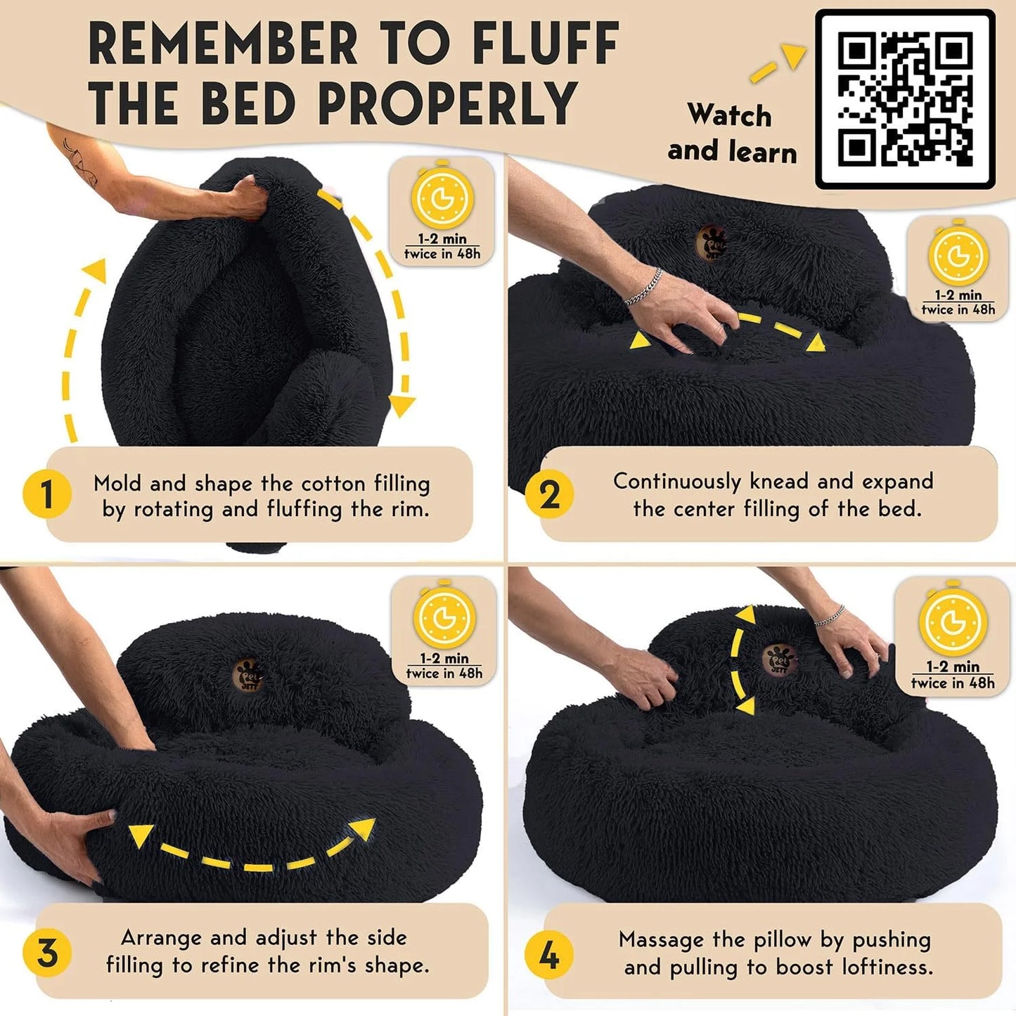 Petjett Calming Dog Beds Large Sized Dog - round Bed, Anti-Slip & Washable Super Soft Donut Bed, Fluffy Faux Fur Anti-Anxiety Premium Comfort Pet Bed, Fits Dogs - Black