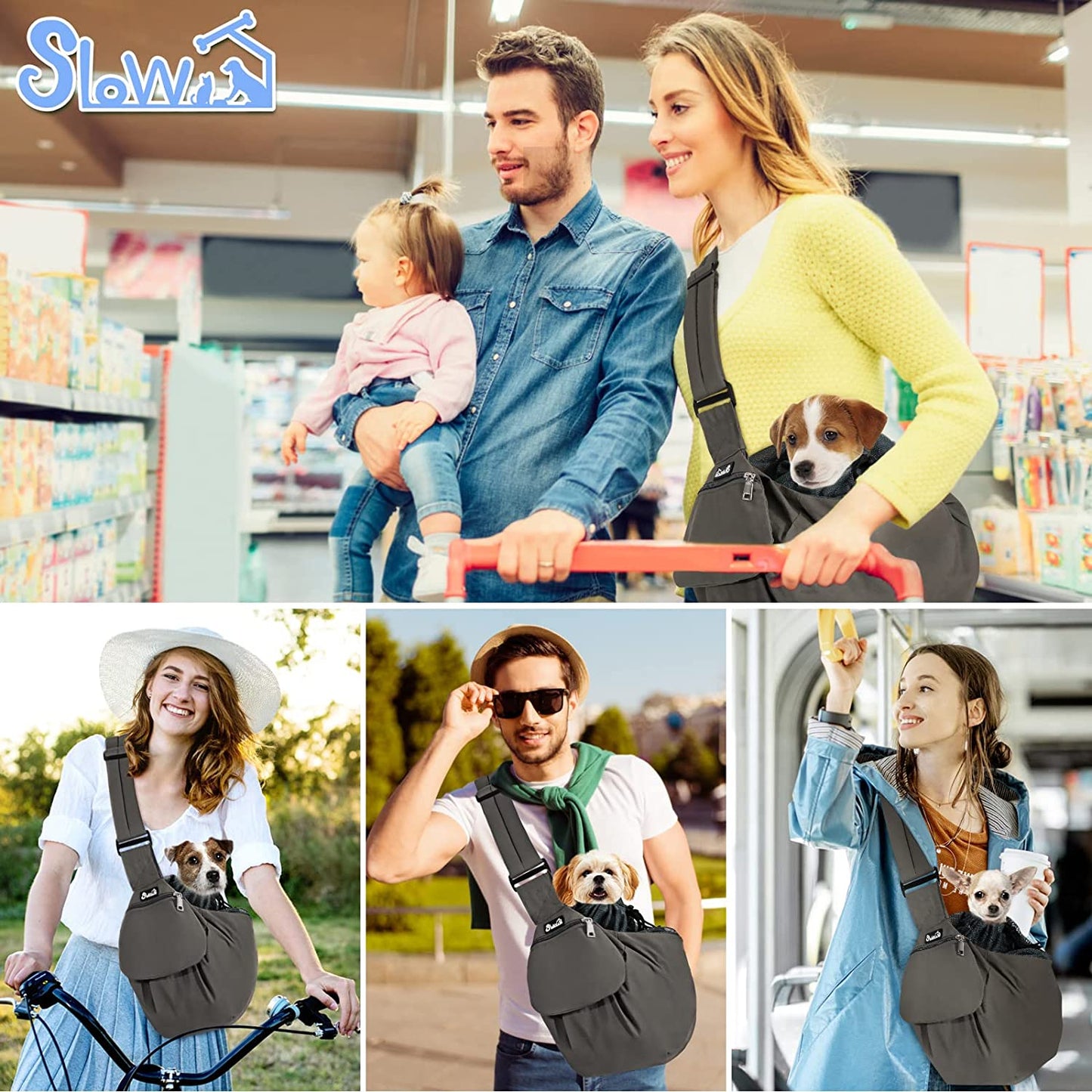 Pet Sling Carrier, Comfortable Hard Bottom Support Small Dog Papoose Sling Adjustable Padded Shoulder Strap Hand Free Puppy Cat Carry Bag with Drawstring Opening Zipper Pocket Safety Belt