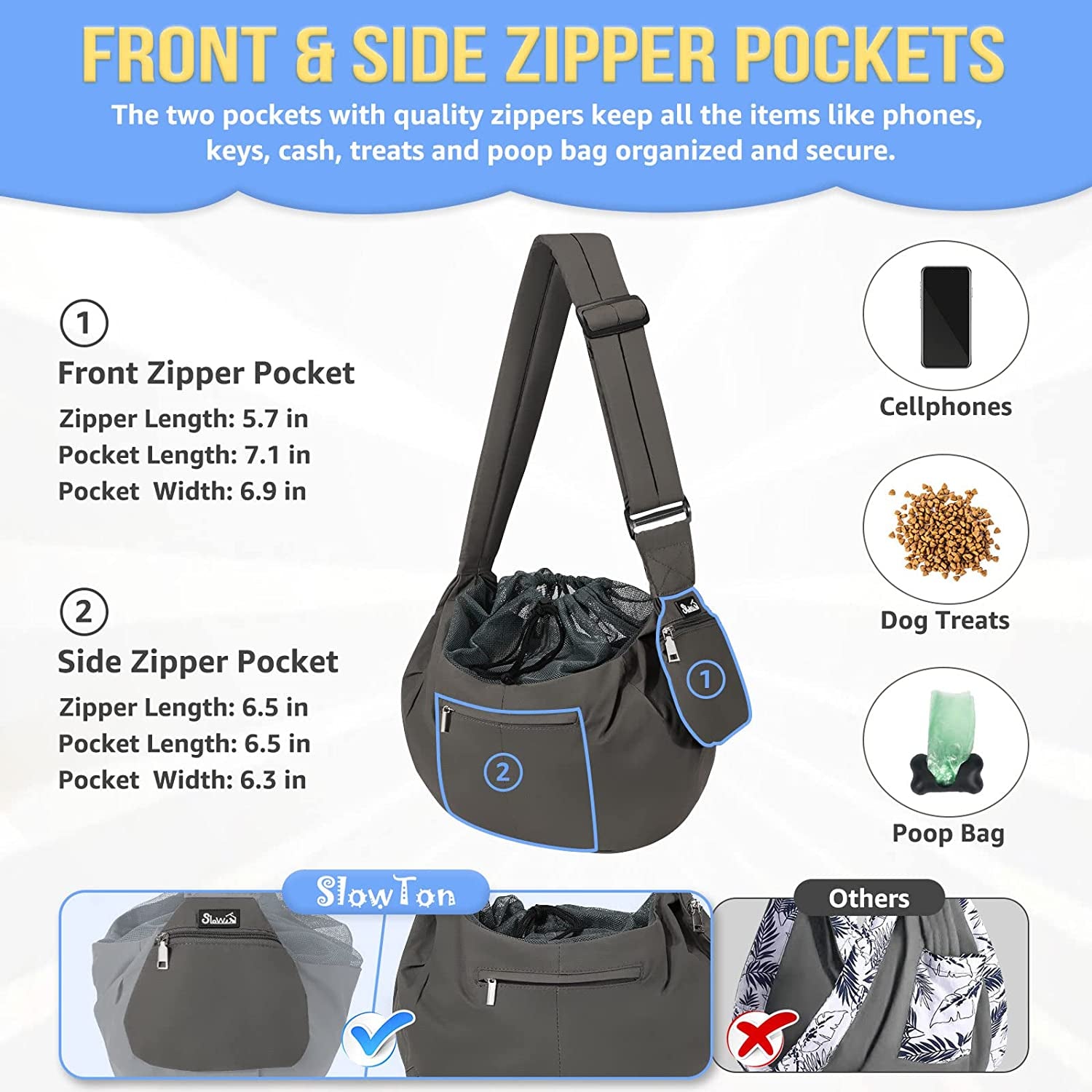 Pet Sling Carrier, Comfortable Hard Bottom Support Small Dog Papoose Sling Adjustable Padded Shoulder Strap Hand Free Puppy Cat Carry Bag with Drawstring Opening Zipper Pocket Safety Belt