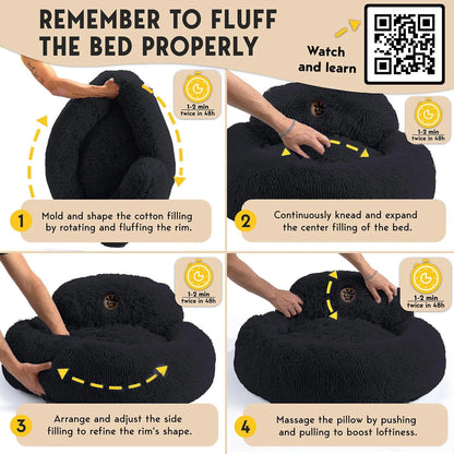 Petjett Calming Dog Beds Large Sized Dog - round Bed, Anti-Slip & Washable Super Soft Donut Bed, Fluffy Faux Fur Anti-Anxiety Premium Comfort Pet Bed, Fits Dogs - Black