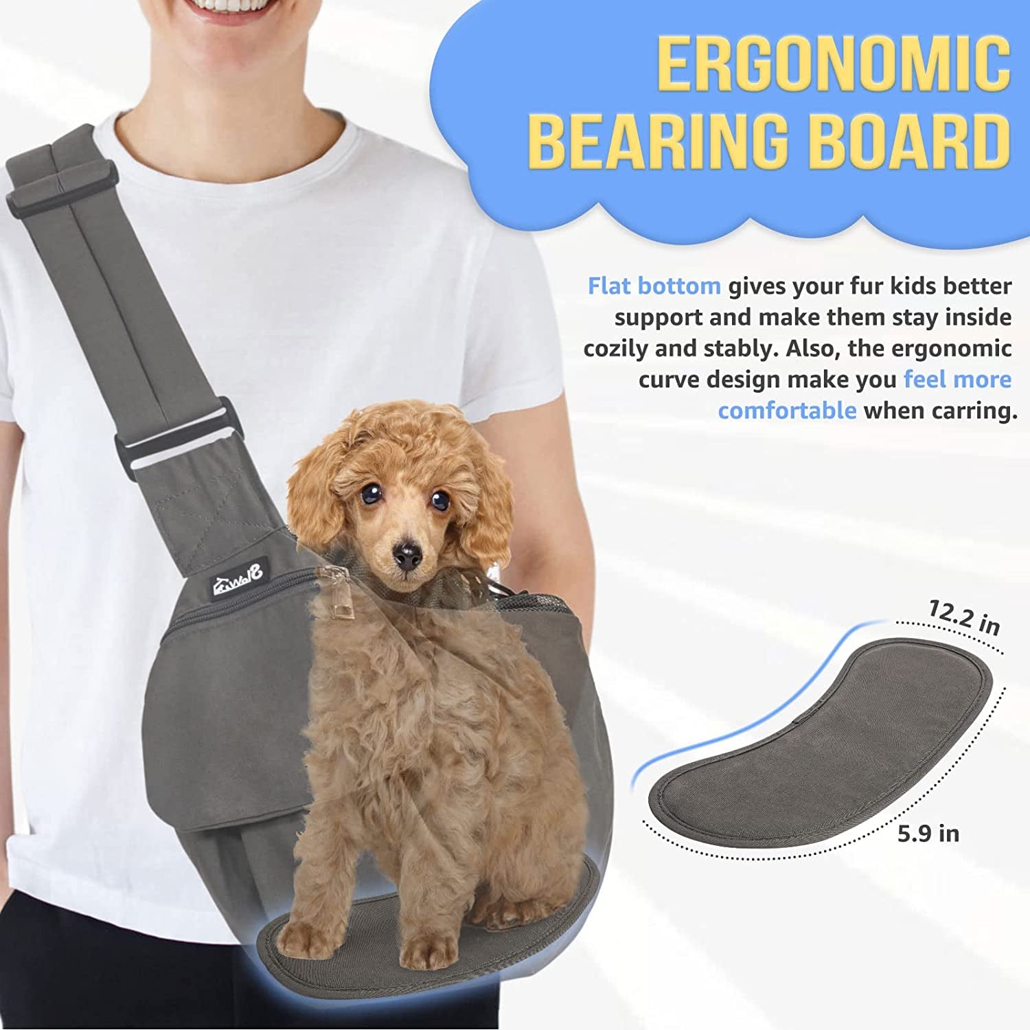Pet Sling Carrier, Comfortable Hard Bottom Support Small Dog Papoose Sling Adjustable Padded Shoulder Strap Hand Free Puppy Cat Carry Bag with Drawstring Opening Zipper Pocket Safety Belt