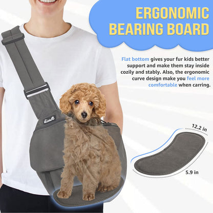Pet Sling Carrier, Comfortable Hard Bottom Support Small Dog Papoose Sling Adjustable Padded Shoulder Strap Hand Free Puppy Cat Carry Bag with Drawstring Opening Zipper Pocket Safety Belt