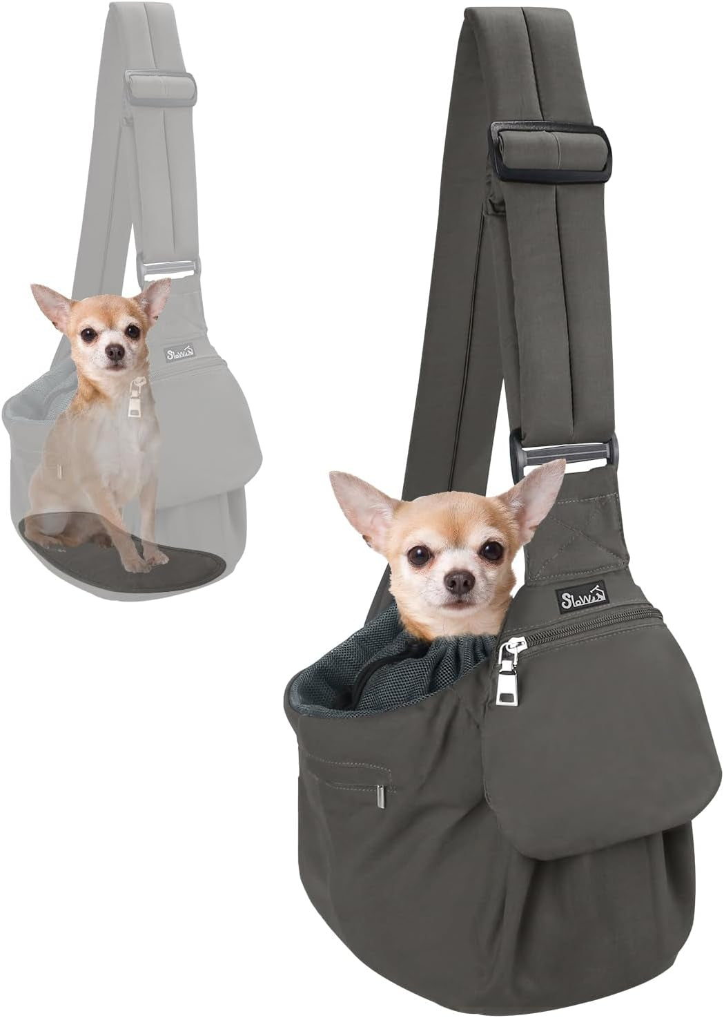 Pet Sling Carrier, Comfortable Hard Bottom Support Small Dog Papoose Sling Adjustable Padded Shoulder Strap Hand Free Puppy Cat Carry Bag with Drawstring Opening Zipper Pocket Safety Belt