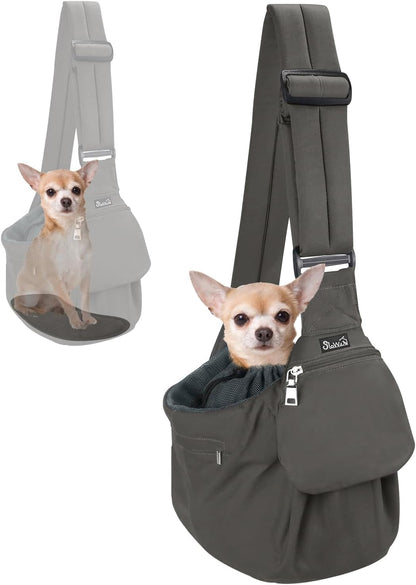 Pet Sling Carrier, Comfortable Hard Bottom Support Small Dog Papoose Sling Adjustable Padded Shoulder Strap Hand Free Puppy Cat Carry Bag with Drawstring Opening Zipper Pocket Safety Belt