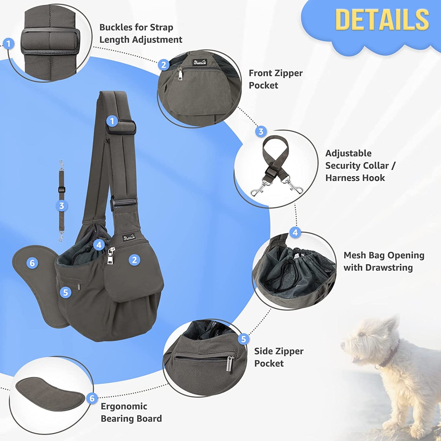 Pet Sling Carrier, Comfortable Hard Bottom Support Small Dog Papoose Sling Adjustable Padded Shoulder Strap Hand Free Puppy Cat Carry Bag with Drawstring Opening Zipper Pocket Safety Belt