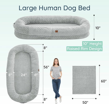 Human Dog Bed for Adult - Luxury Faux Fur Giant Size Dog Bed with Portable Handle, Egg Orthopedic Foam with Blanket, Light Grey