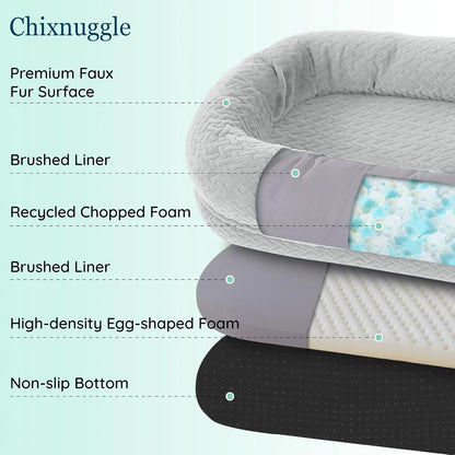 Human Dog Bed for Adult - Luxury Faux Fur Giant Size Dog Bed with Portable Handle, Egg Orthopedic Foam with Blanket, Light Grey