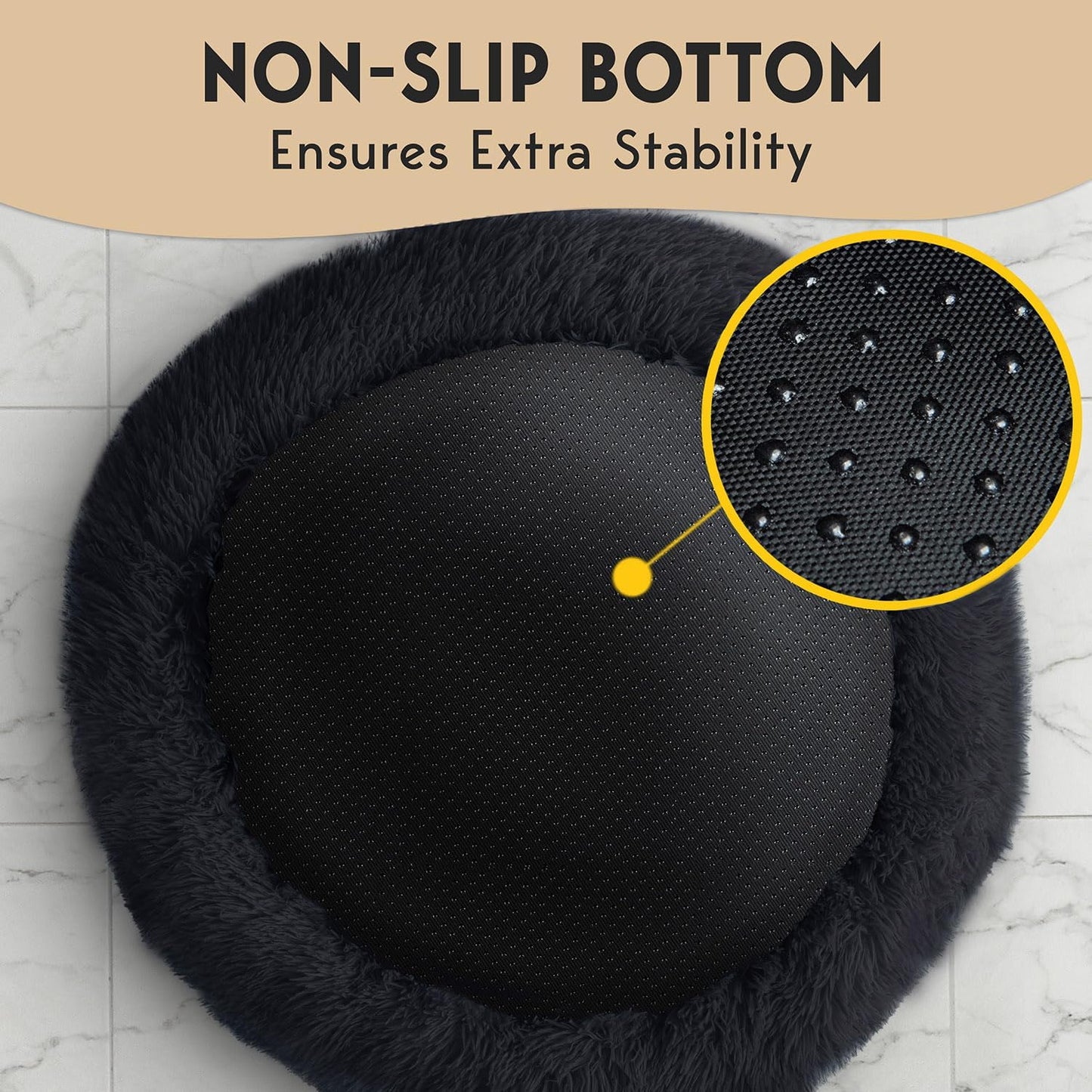 Petjett Calming Dog Beds Large Sized Dog - round Bed, Anti-Slip & Washable Super Soft Donut Bed, Fluffy Faux Fur Anti-Anxiety Premium Comfort Pet Bed, Fits Dogs - Black