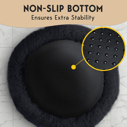 Petjett Calming Dog Beds Large Sized Dog - round Bed, Anti-Slip & Washable Super Soft Donut Bed, Fluffy Faux Fur Anti-Anxiety Premium Comfort Pet Bed, Fits Dogs - Black