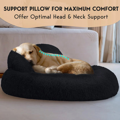 Petjett Calming Dog Beds Large Sized Dog - round Bed, Anti-Slip & Washable Super Soft Donut Bed, Fluffy Faux Fur Anti-Anxiety Premium Comfort Pet Bed, Fits Dogs - Black