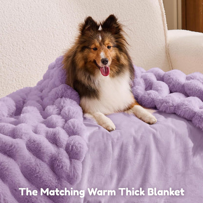 Human Dog Bed for Adult - Luxury Striped Faux Fur Giant Dog Bed with Portable Handle, Egg Orthopedic Foam Pad with Thick Blanket,, Purple