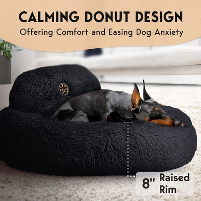 Petjett Calming Dog Beds Large Sized Dog - round Bed, Anti-Slip & Washable Super Soft Donut Bed, Fluffy Faux Fur Anti-Anxiety Premium Comfort Pet Bed, Fits Dogs - Black