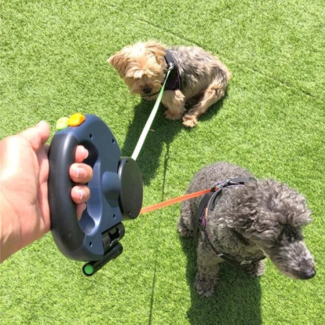 Double Tangle-Free Dog Leash with Built-In Flashlight and Waste Bag Holder for Two Dogs – 3M Reflective Nylon Tether
