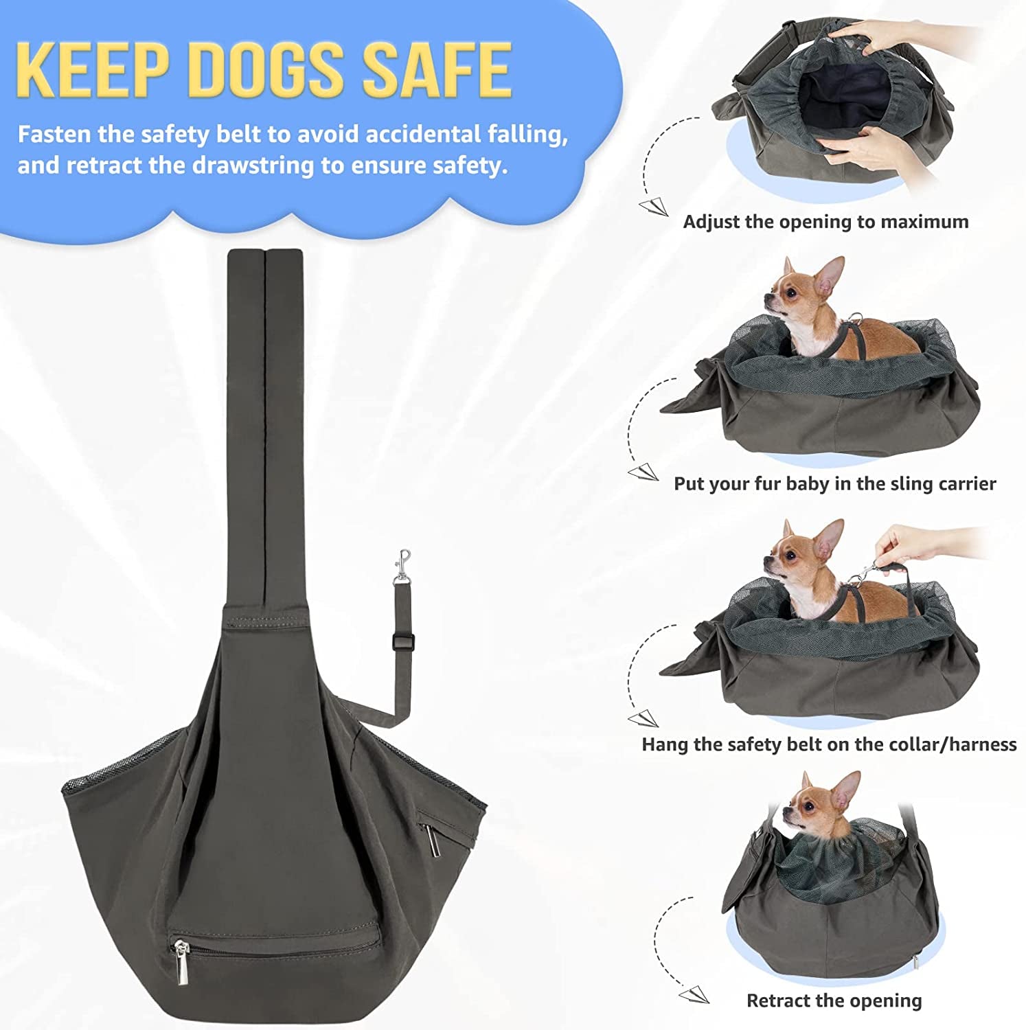 Pet Sling Carrier, Comfortable Hard Bottom Support Small Dog Papoose Sling Adjustable Padded Shoulder Strap Hand Free Puppy Cat Carry Bag with Drawstring Opening Zipper Pocket Safety Belt