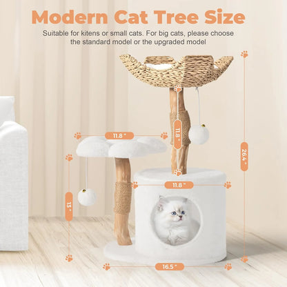 Modern Cat Tree, Wood Cat Tree Tower for Small Cats, Luxury Cat Condo with Scratching Posts and Flower Platforms, Cat Furniture